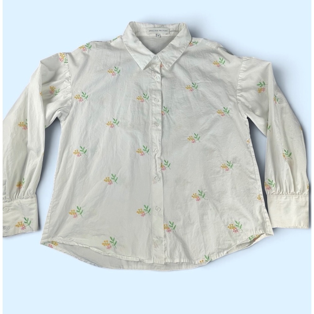 English Factory Floral Embroidered Button Down Shirt White Cotton Blouse Size M